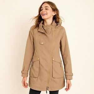 BCBGMaxAzria Sz‎ M Trench Coat Jacket Gold Hooded Luxury Trendy Fall Winter